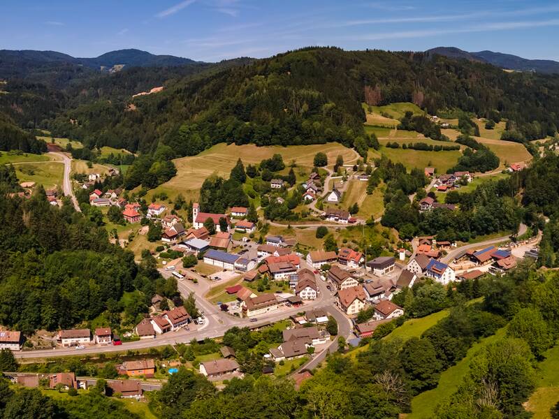Das Bild zeigt eine malerische, von Wald und Hügeln umgebene Ortschaft in einer ländlichen Landschaft.